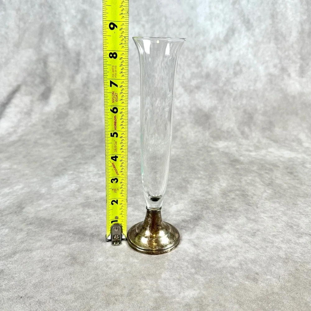 Alvin Sterling Silver Glass Bud Vase Etched Floral Design Cement Filled Base